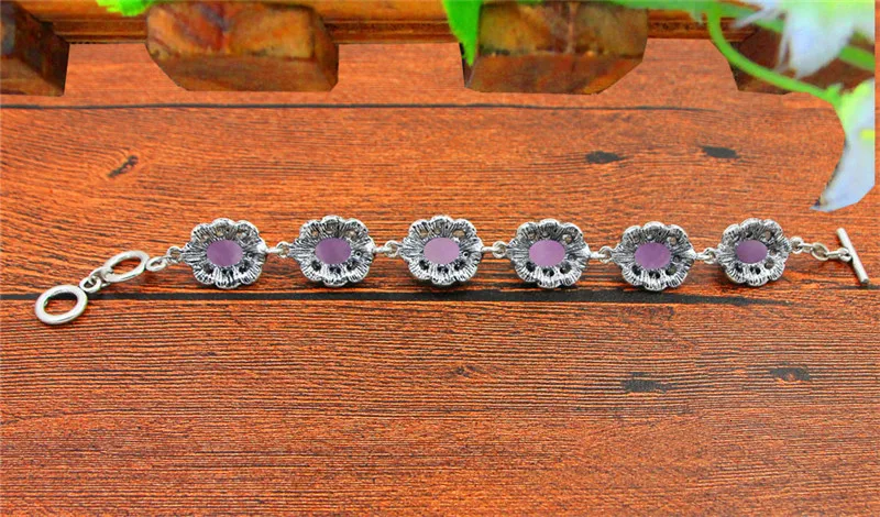 Natural Purple Stone Bracelet Plum Flower Design Vintage Look Antique Silver Plated Fashion Jewelry TB334