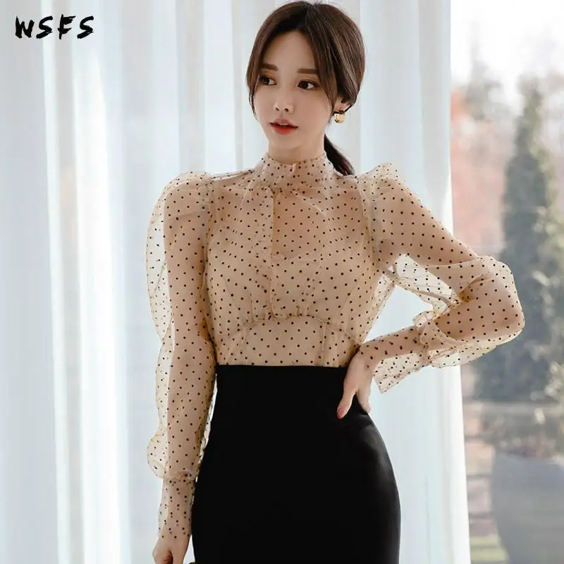 

2 Piece Set Spring Dress Khaki Dot Lace Shirt Top Women Dresses Vintage Party Sexy Bodycon Black Midi Asymmetrical Korean Clothe