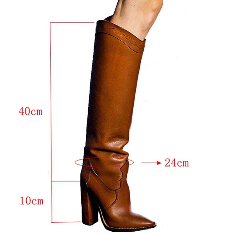 

Brown Leather Over The Knee Boots Women Pointed Toe Square High Heel Boots Woman Fashion Knight Boots