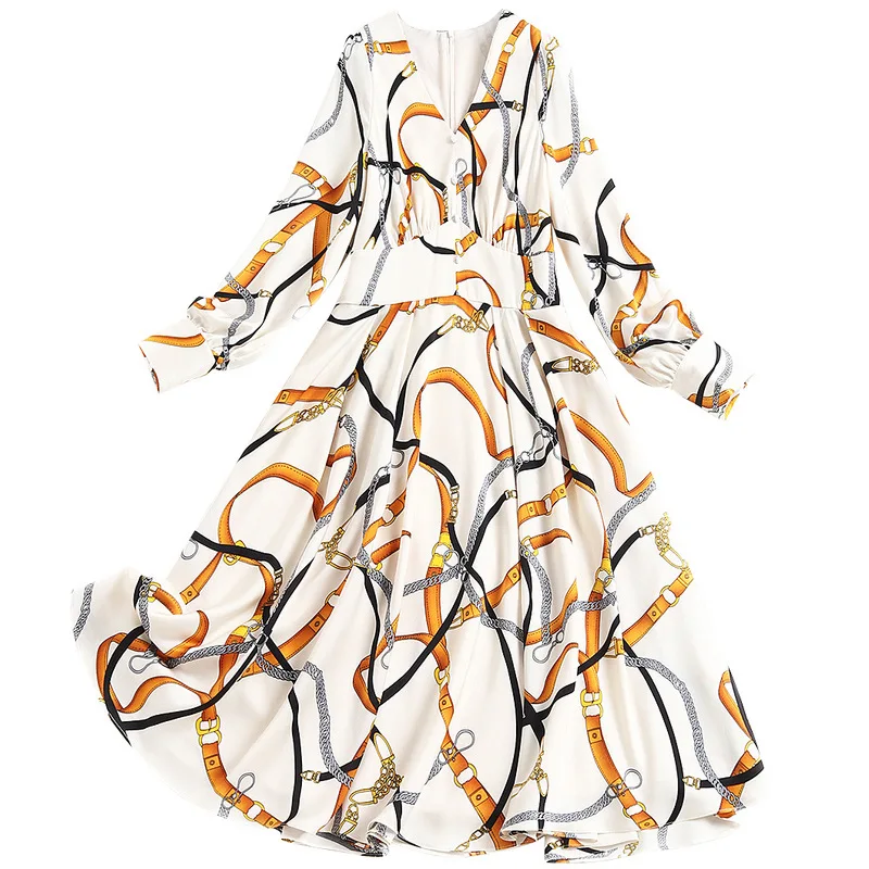 

SHUCHAN V-Neck Dresses for Women Party Bohemian A-Line Print Knee-Length Korean Dress 2021 Spring Slim Women Clothes