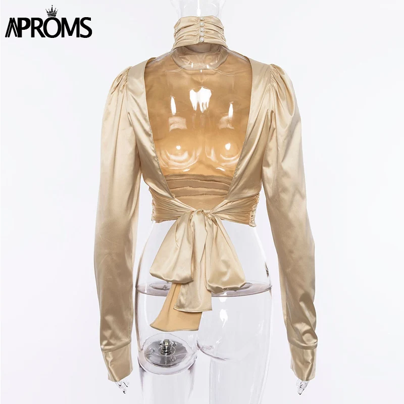 Aproms, винтажная атласная блузка с рюшами, Женская Сексуальная Блузка с открытой спиной на шнуровке, Женский Топ, осенняя рубашка с длинным рукавом, женские блузки - Цвет: Apricot