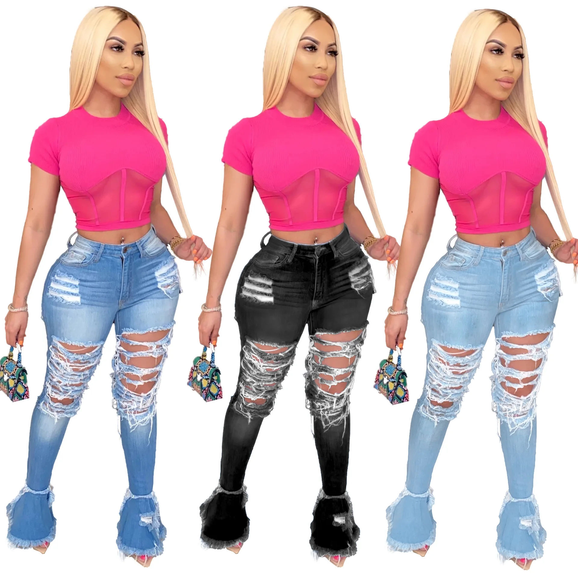 

JRRY Casual Women Flare Jeans Full Length Denim Flare Capris Pants Pocket Holes Bell Bottom Trousers Boot Cut Ruffle Denim Pants