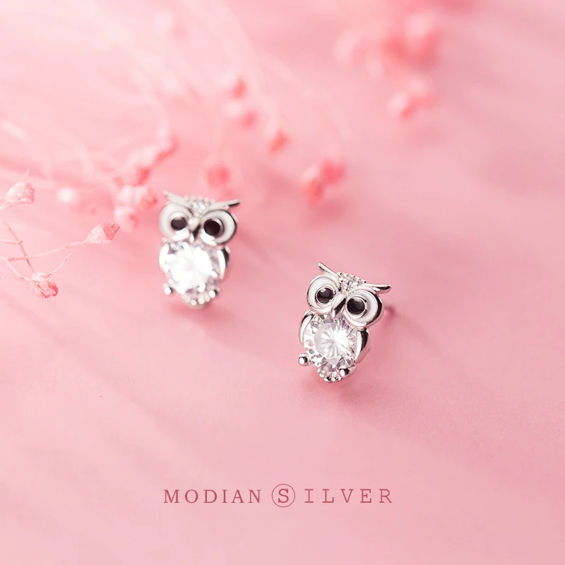 

MODIAN Classic Real 925 Sterling Silver Sparkling AAA Zircon Cute Owl Stud Earring for Women Simple Animal Ear Pin Fine Jewelry