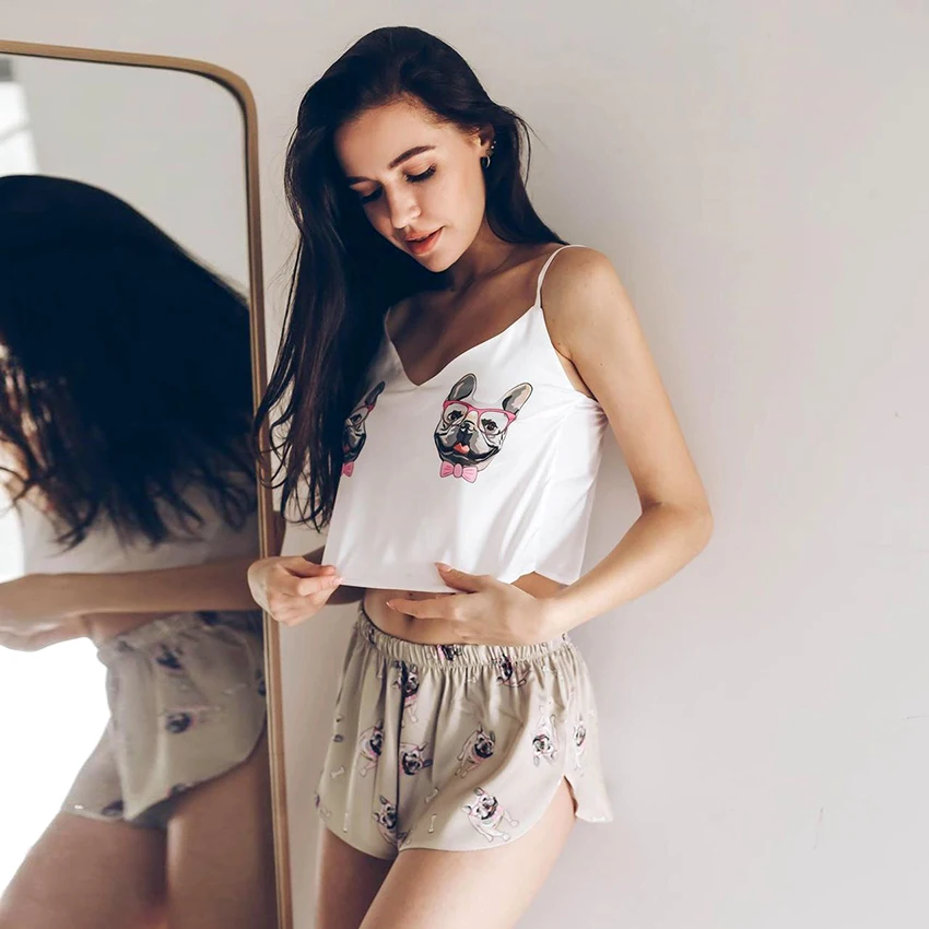 Suphis Мопс пижамы с узором Женские сексуальные v образным вырезом без рукавов