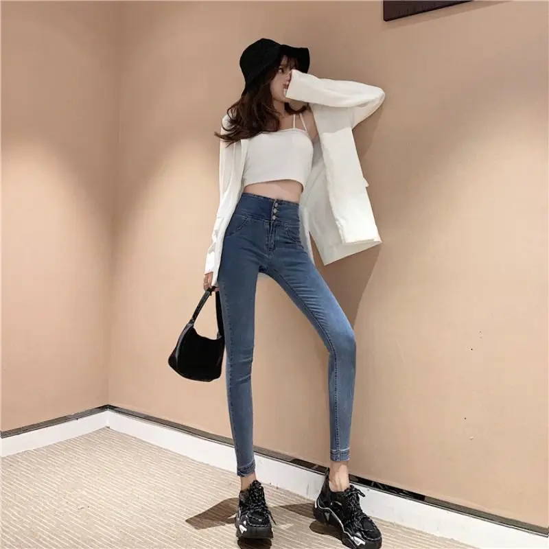 

High waisted jeans women's 2021 new spring and summer show thin high elastic tight raised buttock peach buttock