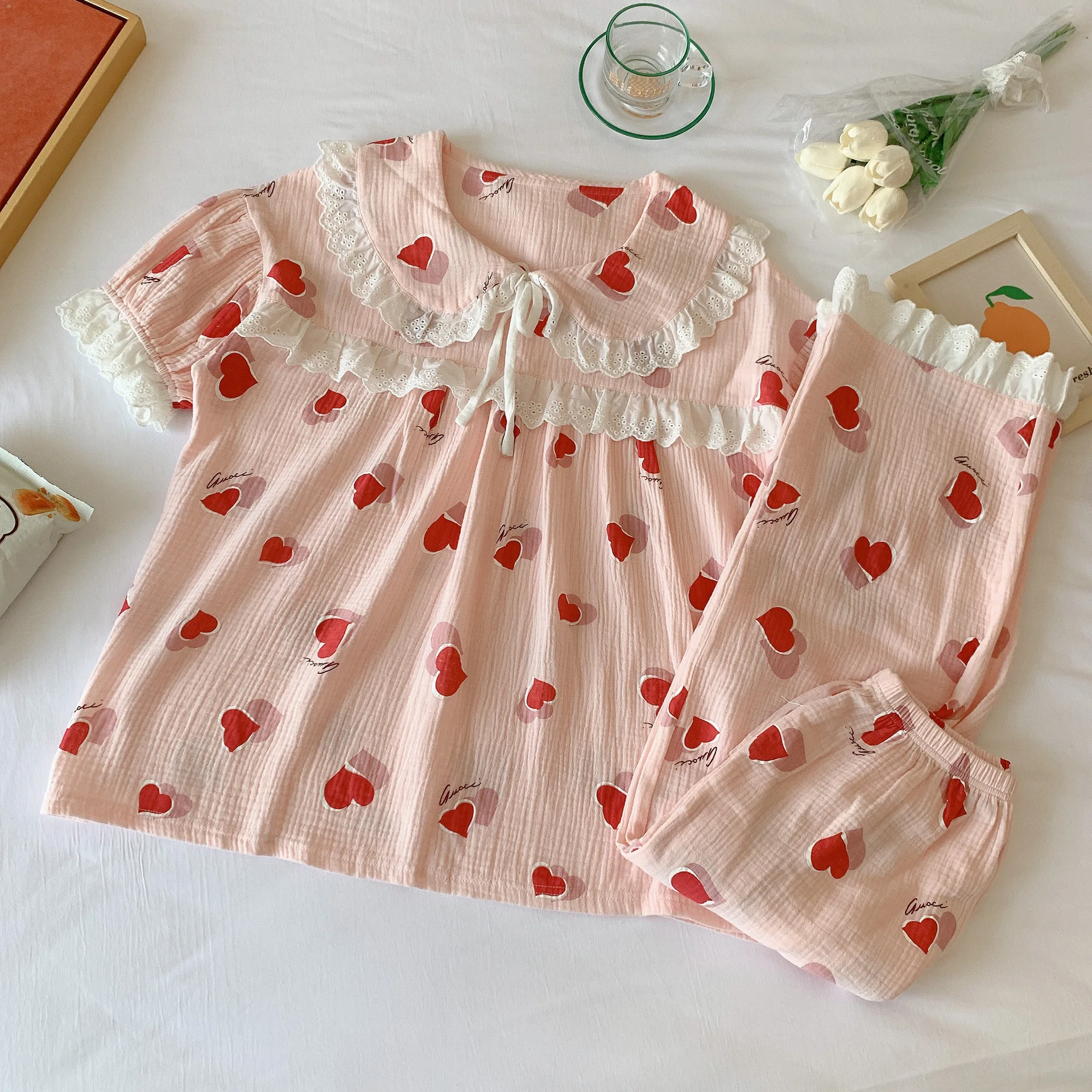 

Pijamas Women Cotton Two Piece Set Summer Short Sleeve Nachtkleding Vrouwen Sweet Pijama Mujer Cute Pajamas Women Homewear Set