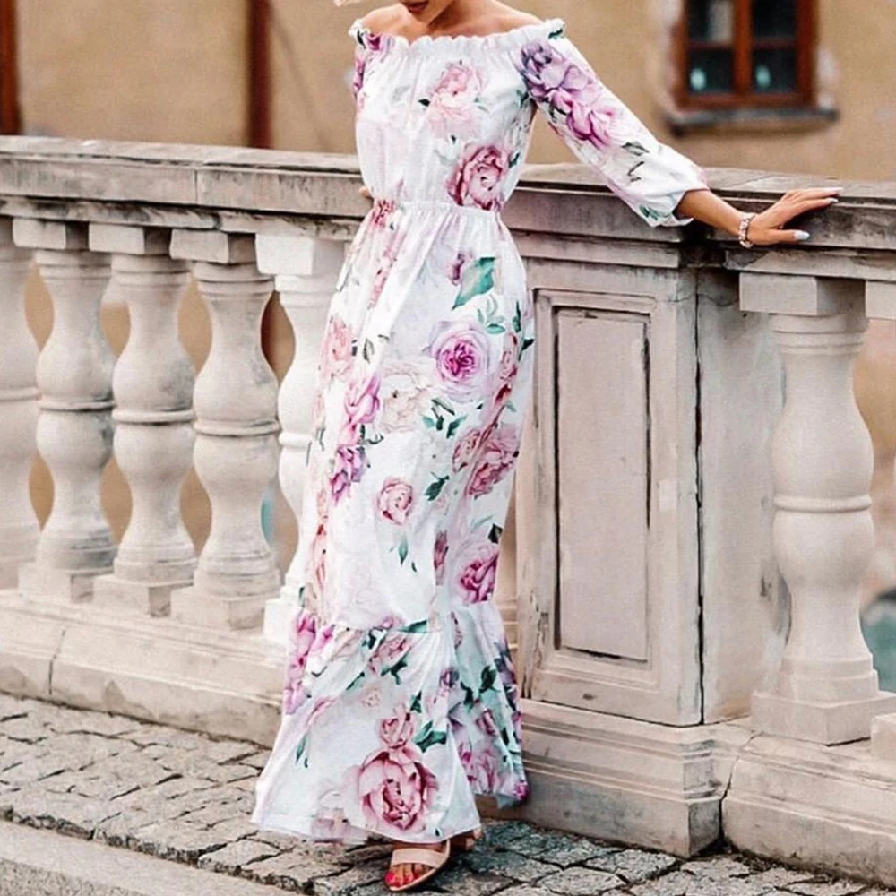 Женское праздничное длинное платье повседневное свободное с вырезом лодочкой и