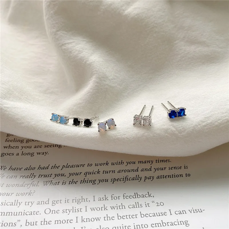 RUIYI Real 925 Sterling Silver Geometric Vintage Fashion Stud Earrings Women Pink Light Blue Black White Zircon Chic Ear Studs | Украшения