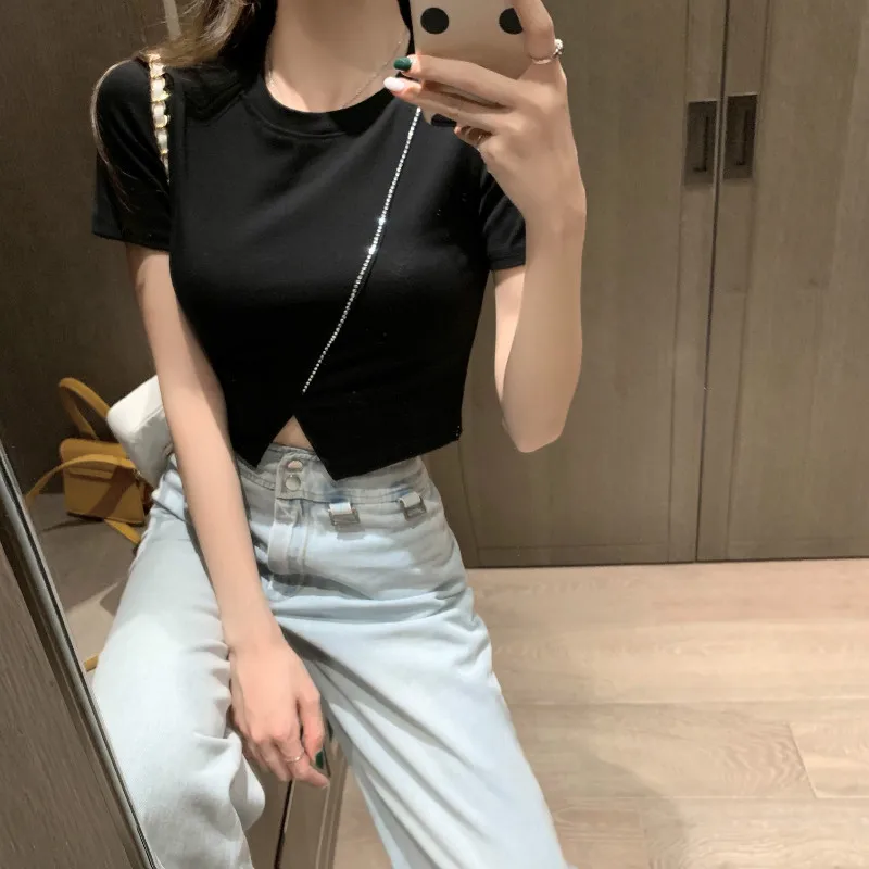 

Summer Korean design split open belly button short short-sleeved round neck T-shirt tops women's slim bottoming shirt tide