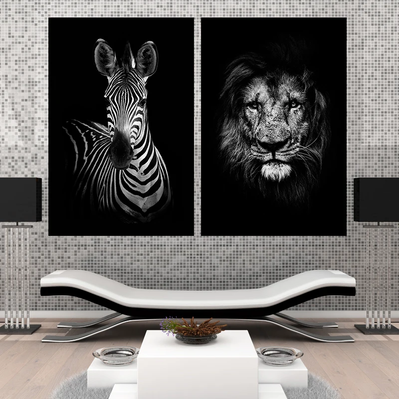 Картина на холсте Черно белая для гостиной Тигр носорог Жираф плакат со львом