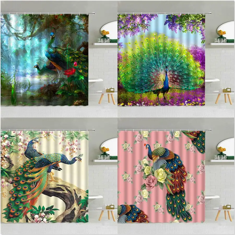 

Color Peacocks Shower Curtain Elegant Animal Psychedelic Forest Flower Plant Fabric Bathroom Supplies Cloth Curtains With Hooks