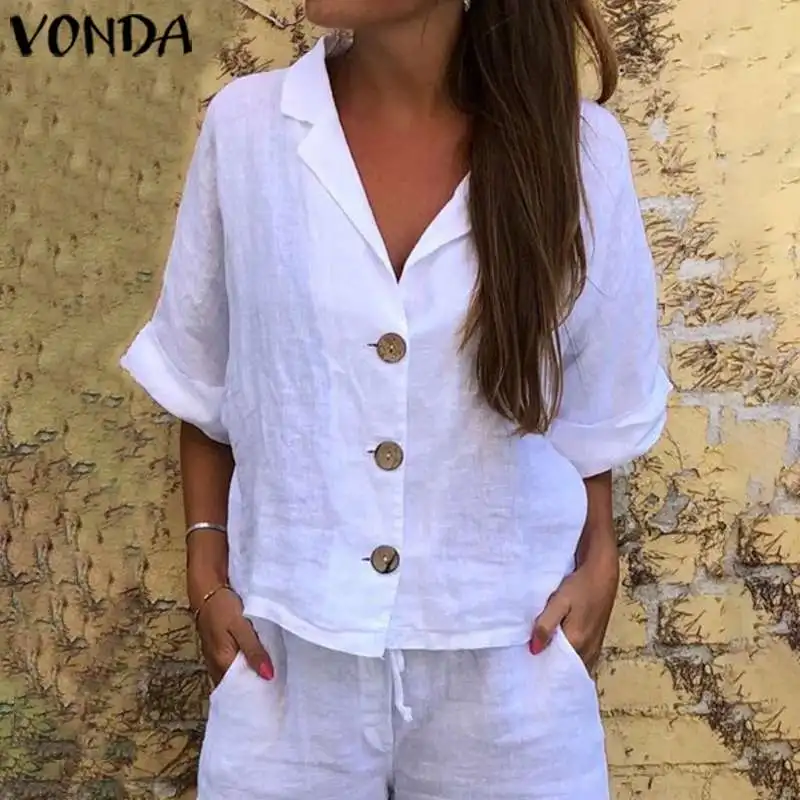 

VONDA Summer Tunic Women Tops Vintage 3/4 Sleeve Bohemian Beach Shirts 2022 Casual Loose Blouse Sexy Party Tops Blusa