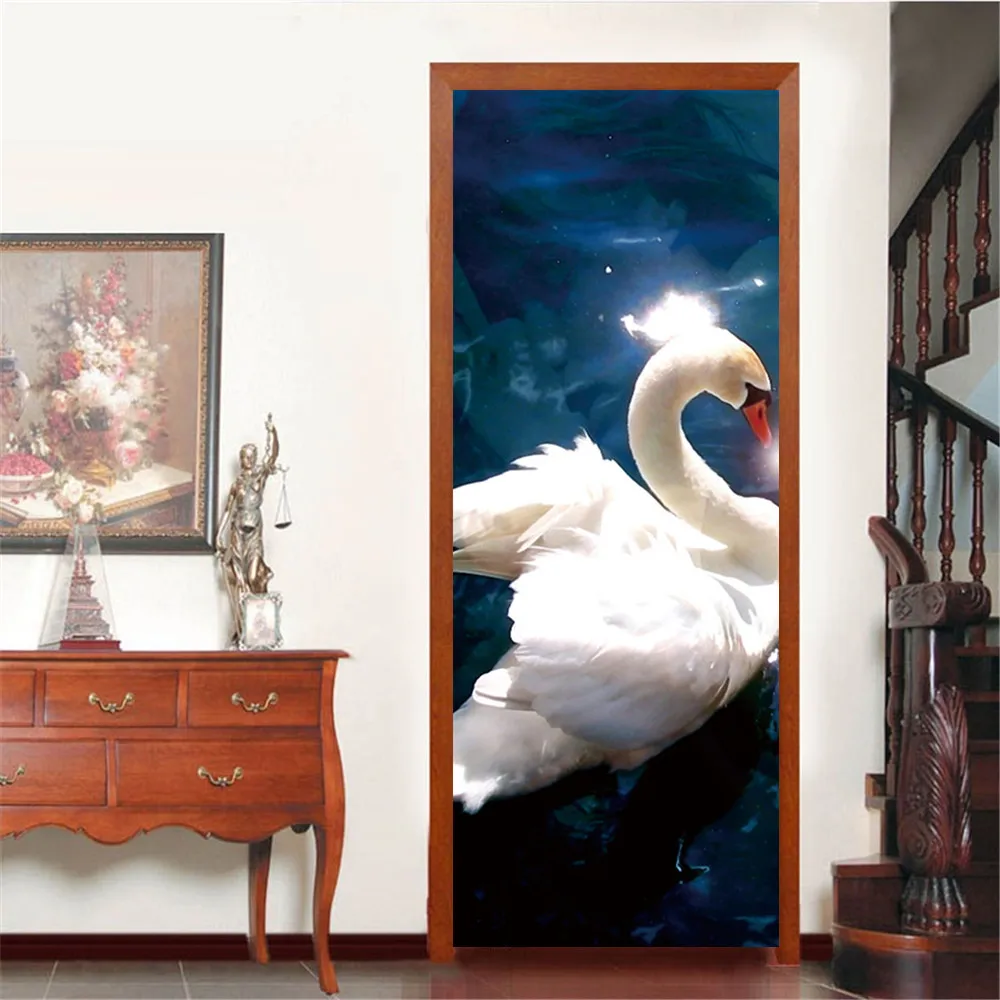 

Наклейки на дверь с изображением белого лебедя для гостиной, спальни, ПВХ Самоклеящиеся обои, домашний декор, настенная роспись, водонепрон...