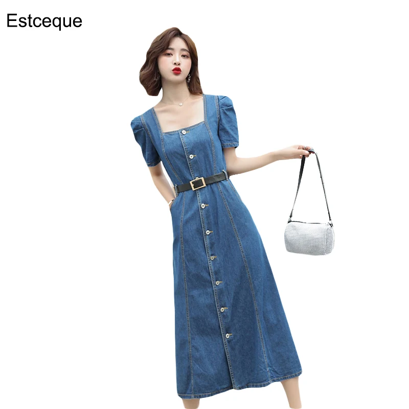 Элегантное женское летнее платье с квадратным воротником винтажное джинсовое