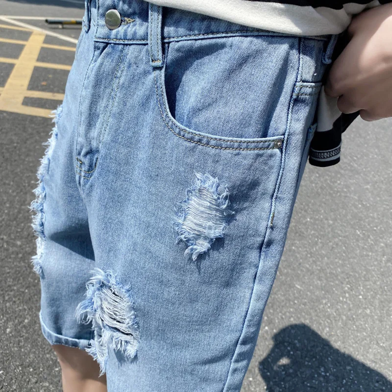 

2020 Summer New Classic Men's Jeans Shorts Fashion Casual Ripped Holes Elastic Regular Fit Denim Short Pant Male Black Blue
