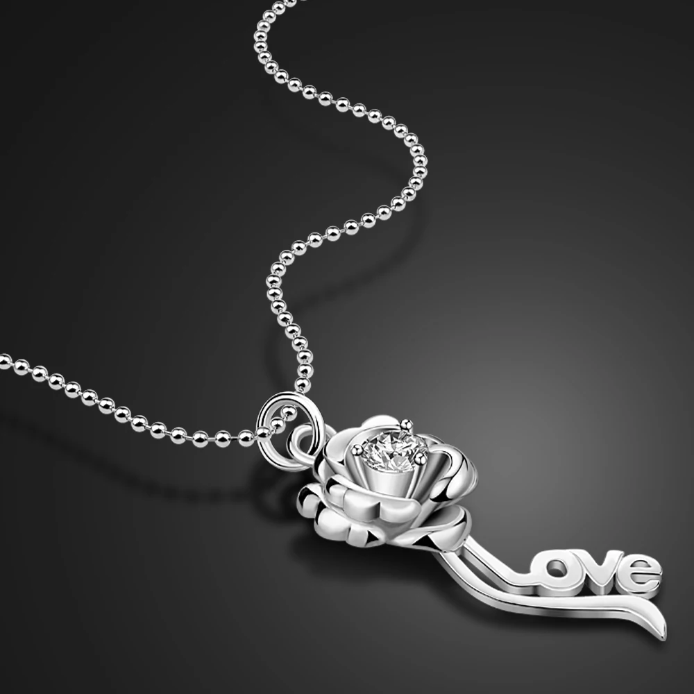

Beautiful Rose Necklace100% 925 Sterling Silver Women Simple Long Chain Flower Zircon Pendant Choker Gifts Charm Jewelry