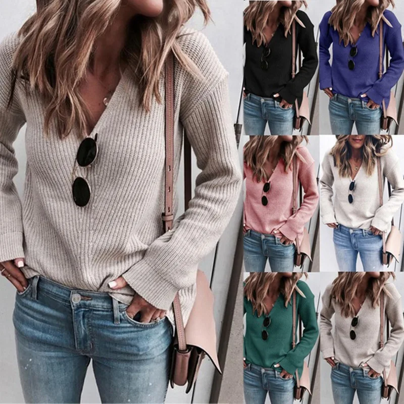 

2021 Fashion Women Autumn Winter Sweaters Pit stripes Design Basic V-Neck Long Sleeve Solid Color Casual Loose Knitted Top
