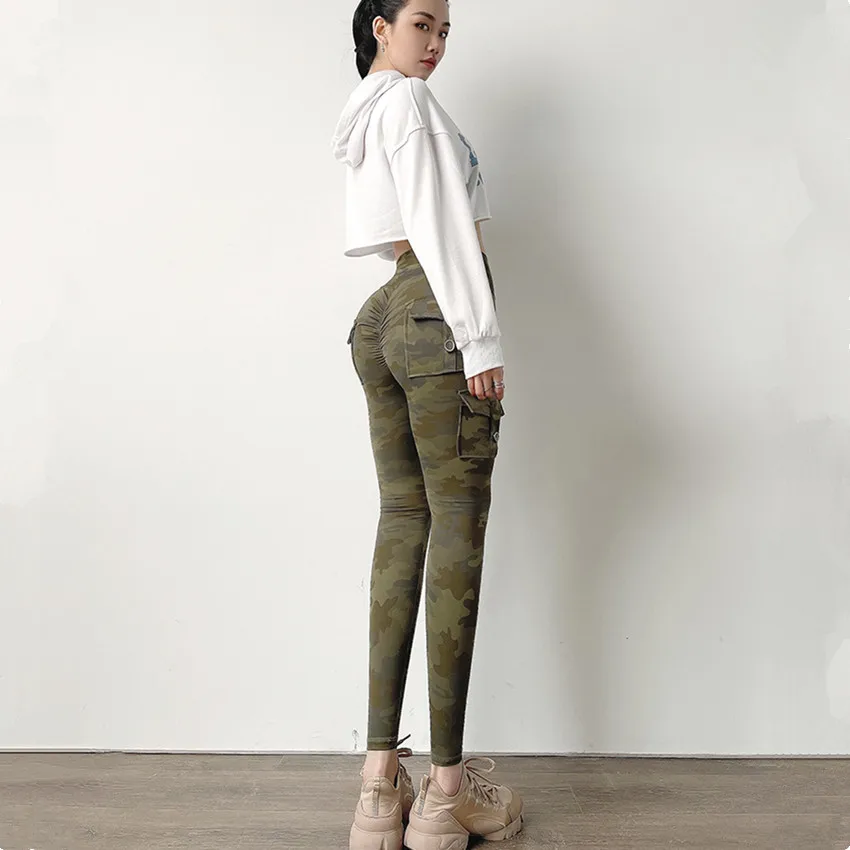 

2021Camouflage Overalls Yoga Pants Women Fitness Leggings Workout Sports With Pocket Sexy Push Up Gym Wear Elastic Slim Pants