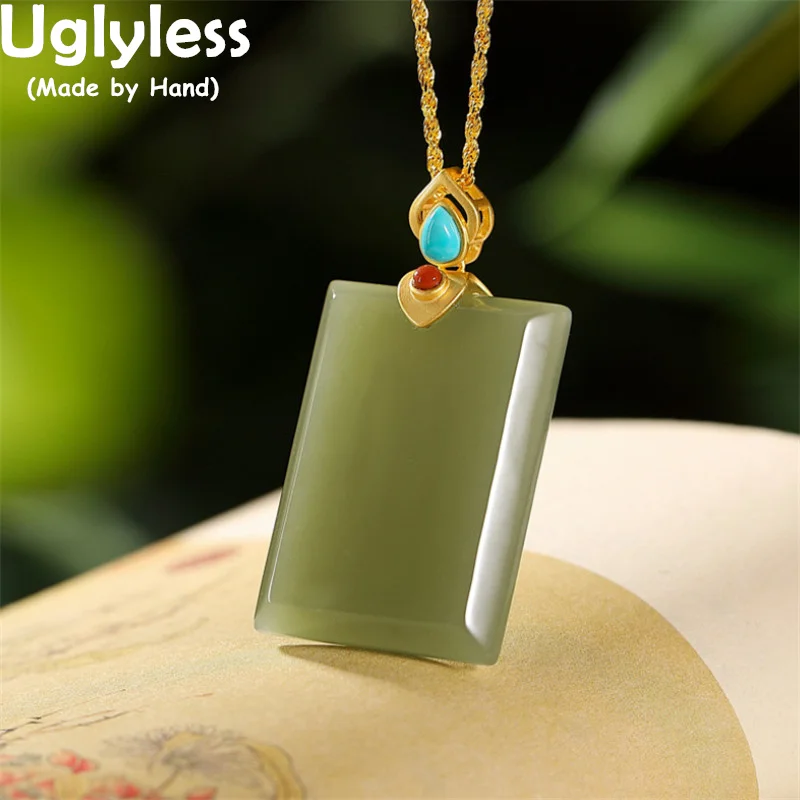 

Uglyless Simple Blank Gemstones Necklaces for Women Big Size Natural Jade Square Pendants NO Chain Exotic Turquoise 925 Silver