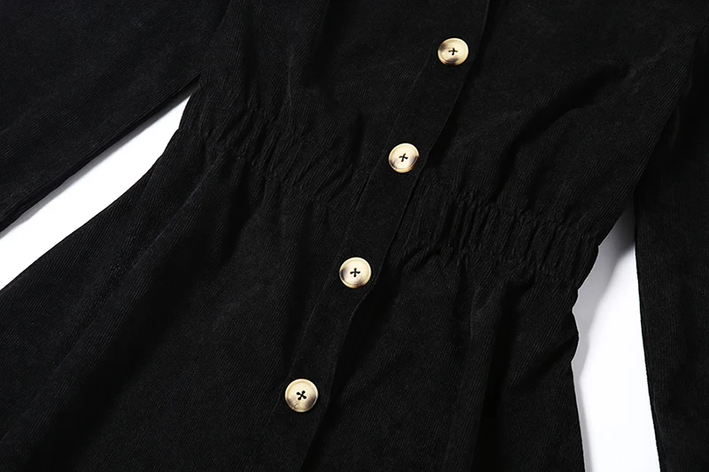 

Vintage corduroy black warm dress women autumn winter button long sleeve dress elegant a line short dress vestidos