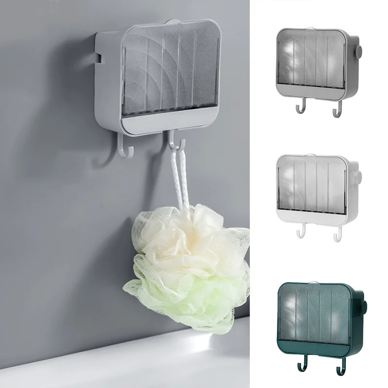 

Splash Proof Soap Holder Box with Water Collector & Hanger Adhesive Wall Mounted Soap Dish for Bathroom Kitchen Hot