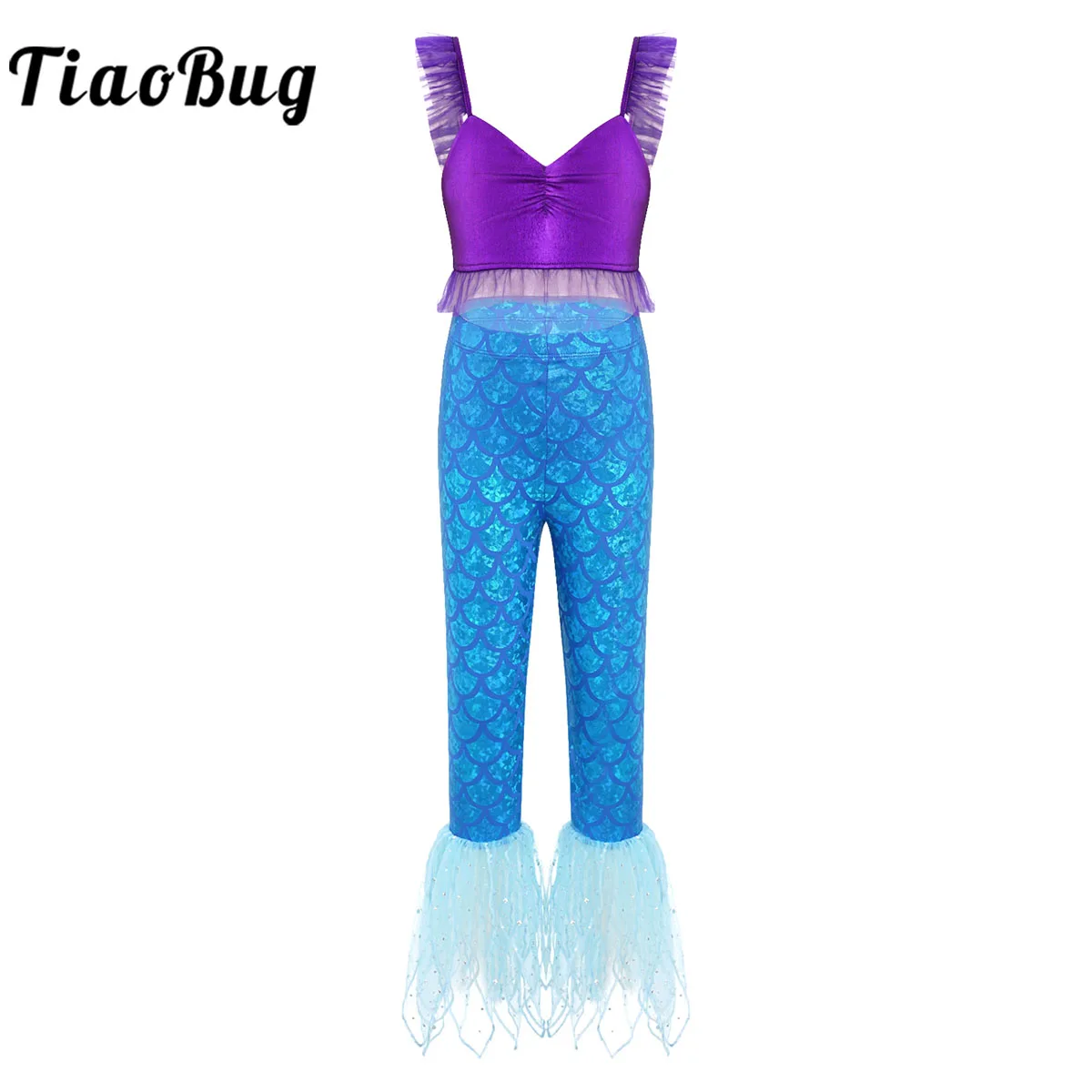 Купи Kids Girls Mermaid Costumes Outfit Fish Scales Print Sleeveless Crop Tops With Flared Pants Cosplay hemed Party Roleplay Sets за 659 рублей в магазине AliExpress