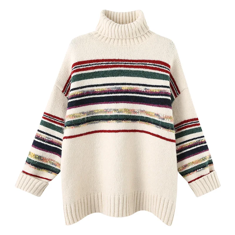 

Turtleneck Loose Women Sweater Pullovers Thicken Warm Striped Female Lady Elegant Pulls Outwear Coats Tops