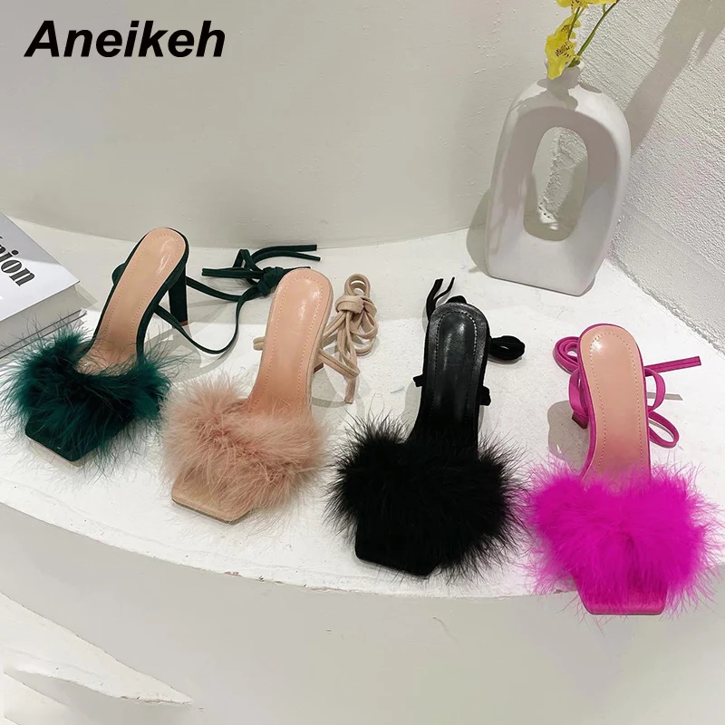 Модные меховые украшения Aneikeh сандалии-гладиаторы с квадратным открытым носком и