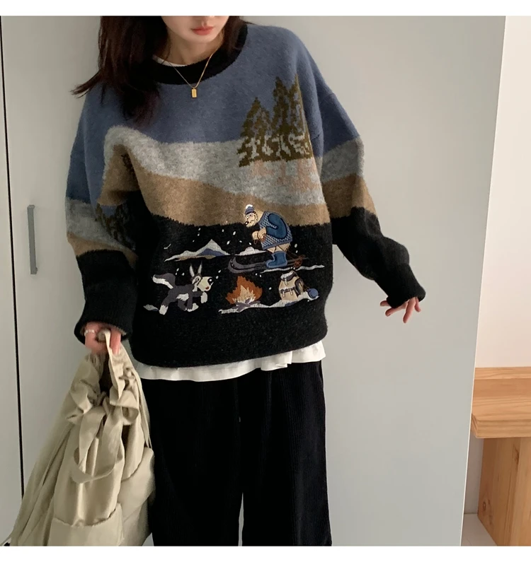 Woherb Pull Femme, осенне-зимний вязаный свитер в стиле Харадзюку, Женский контрастный пуловер с мультяшной вышивкой, джемпер, корейские свитера