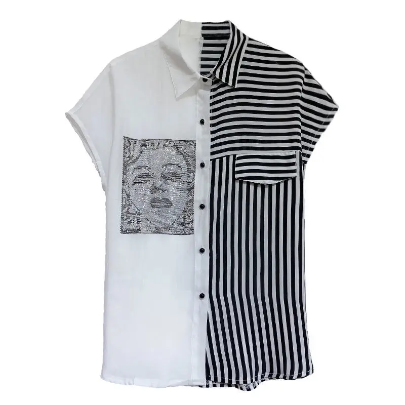 

Summer new style foreign style stripe stitching Shirt Short Sleeve loose and thin hot drill top
