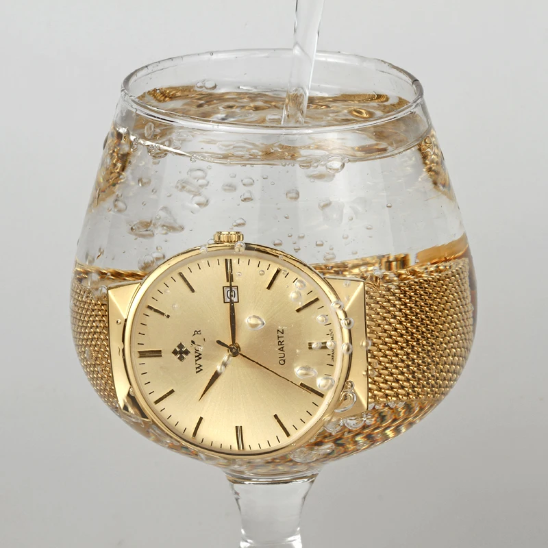 

WWOOR Brand Luxury Men Watches Quartz Analog Date Japan Movement Thin Waterproof Gold Steel Mesh Male Wrist Watch Golden for Men