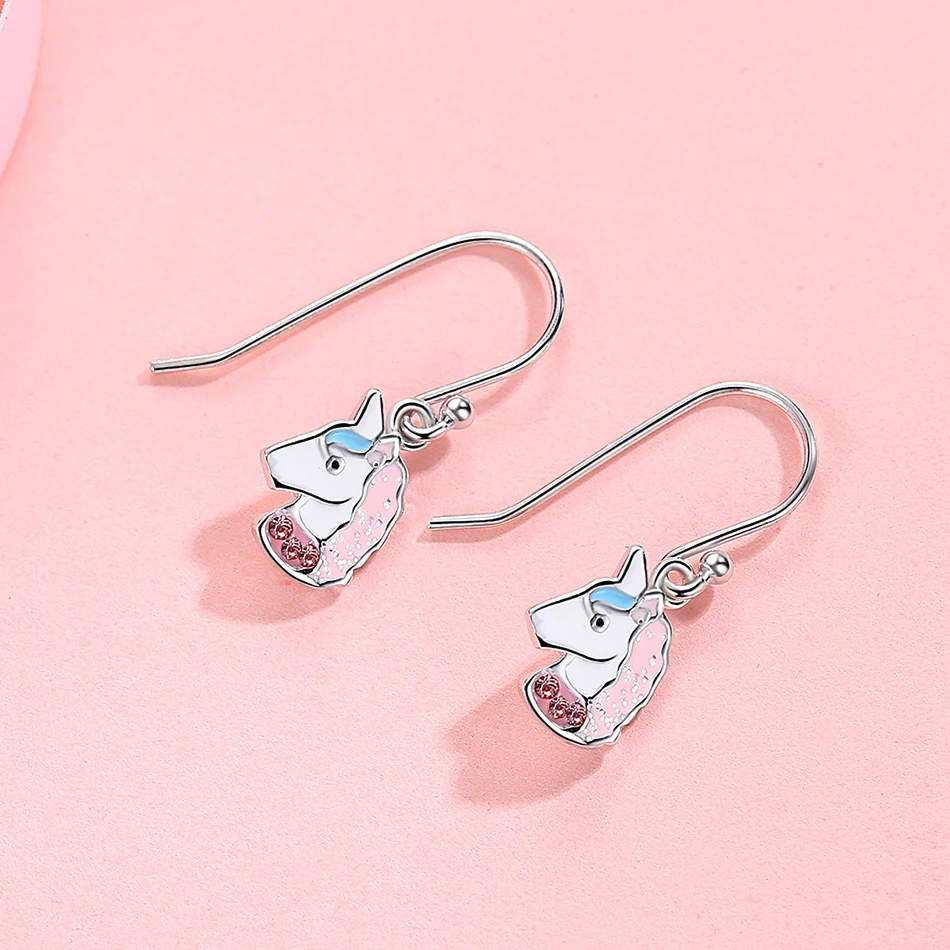 Модные милые розовые серьги гвоздики с единорогом из стерлингового серебра 925