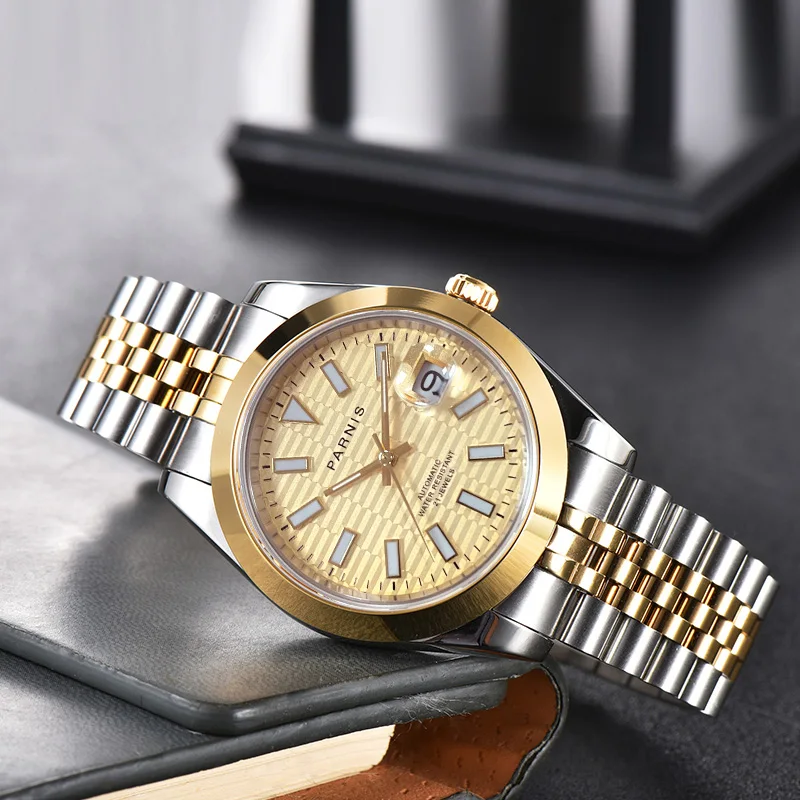 Новое поступление Parnis Зеленый циферблат Мужские часы календарь сапфировое