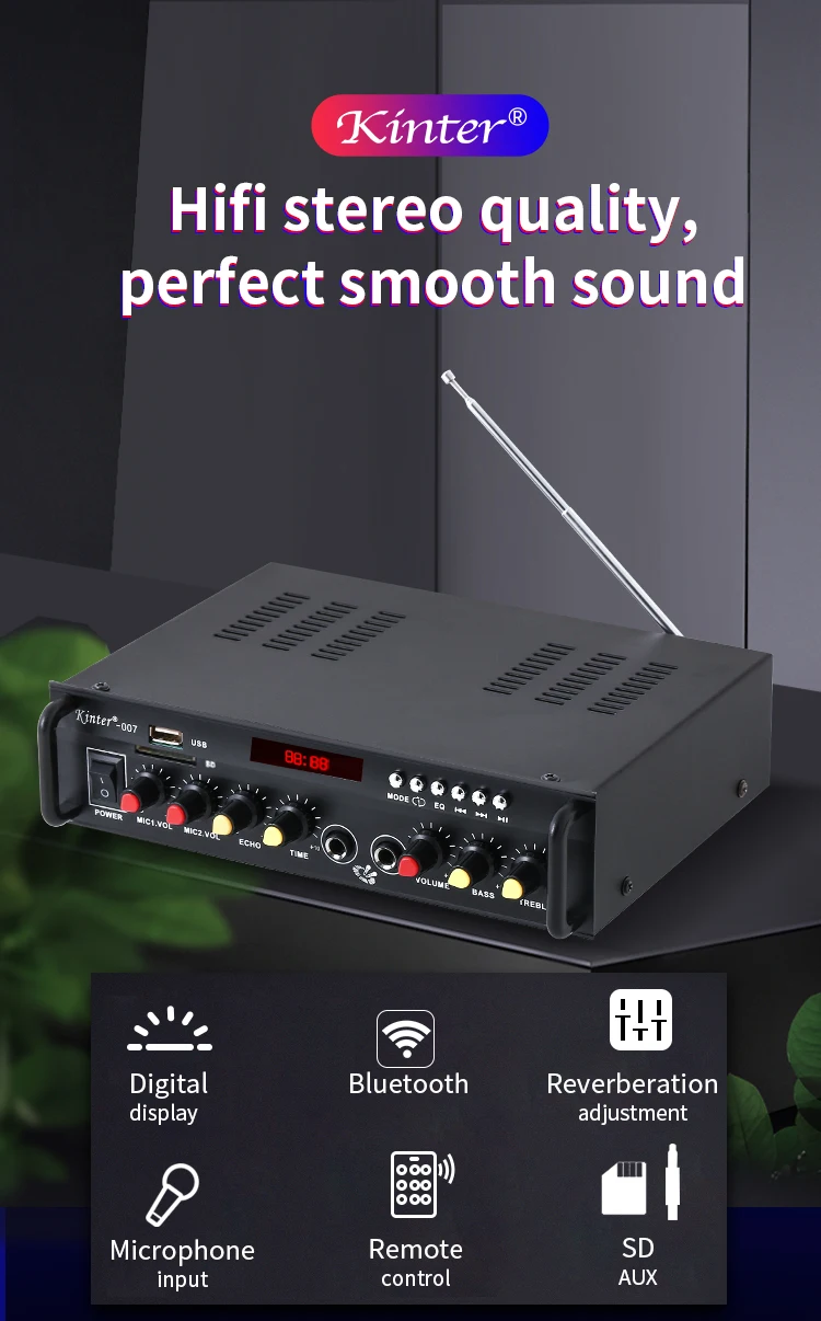 Kinter 007 усилитель звука аудио для динамика 30 Вт* 2CH AC источник питания DC12V Поддержка bluetooth 4,2 USB TF вход FM металлический корпус