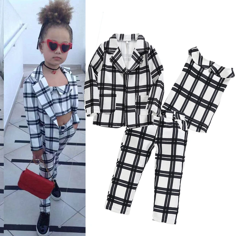

New Arrival Girls Fashion INS Clothes Suit Jacket Vest Pants 3 Piece Set Princess Chiffon Suit For Girls 2-7 Years Old