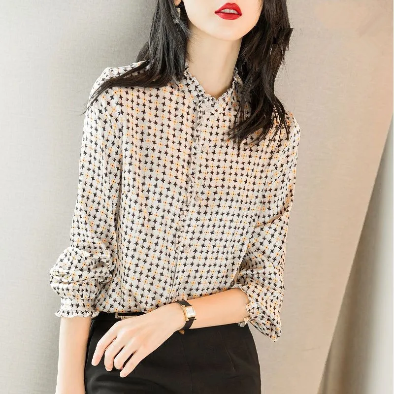 

Printed Stand-up Collar Long-sleeved Shirt 2021new Temperament Mulberry Silk Fashion Design Sense Spring and Autumn Blouse Women