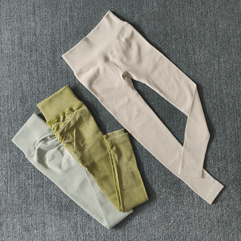 

Seamless Ribbed Leggings For Women Sport Gym Legging Push Up Fitness Workout Striped Leggins Ladies High Waist Yoga Pants