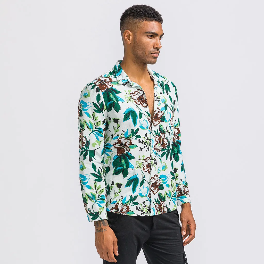 Мужские в этническом стиле винтажные цветочные печати с длинным рукавом