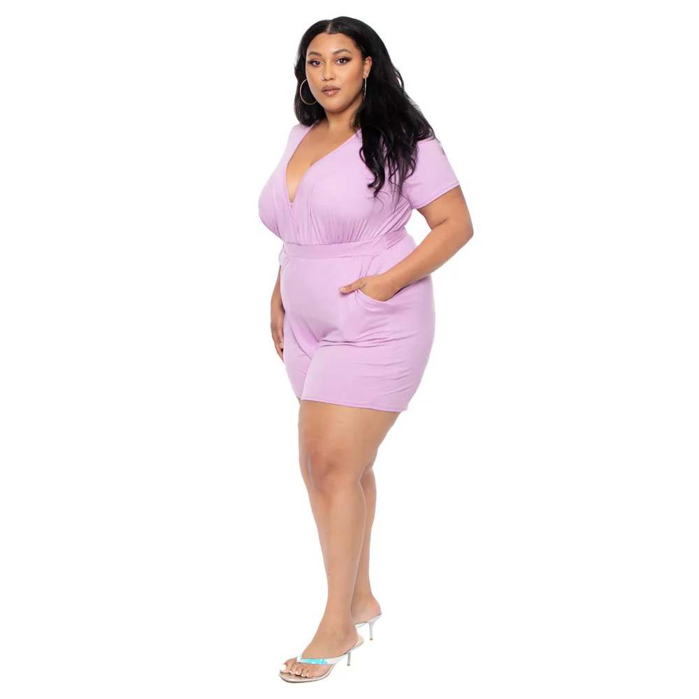 

New Arrivals Clubwear Women Sexy Short Jumpsuits Plus Size Deep V-neck Short Sleeve High Waist Skinny Solid Color Summer Rompers