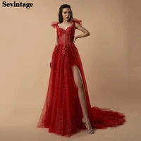 sevintage red dotted tulle long prom dresses appliques lace evening party dresses high slit tied straps women formal gowns 2022