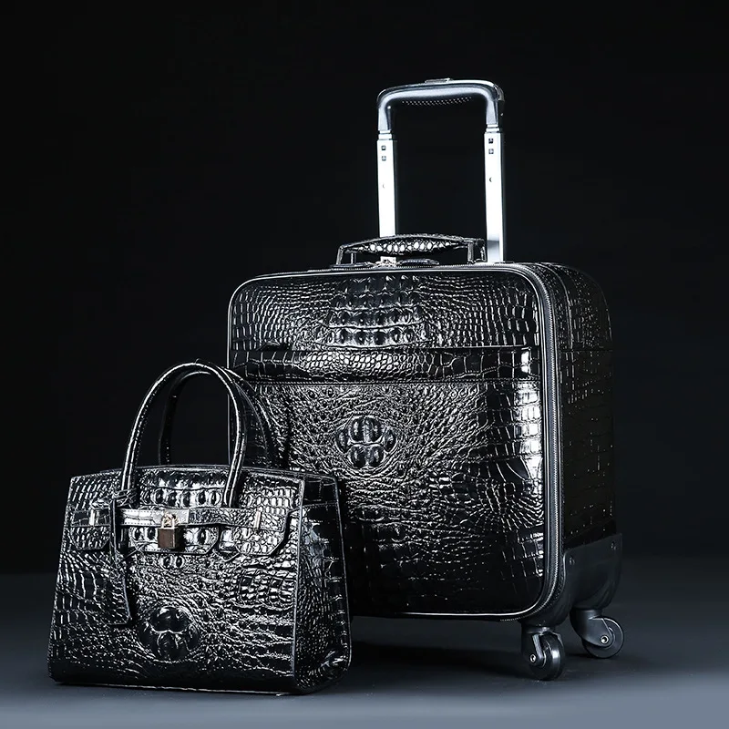 

Leather crocodile-print suitcase female head layer cowkin Wan to wheel suitcase check-in box lever box 16 inch wedding box 2020