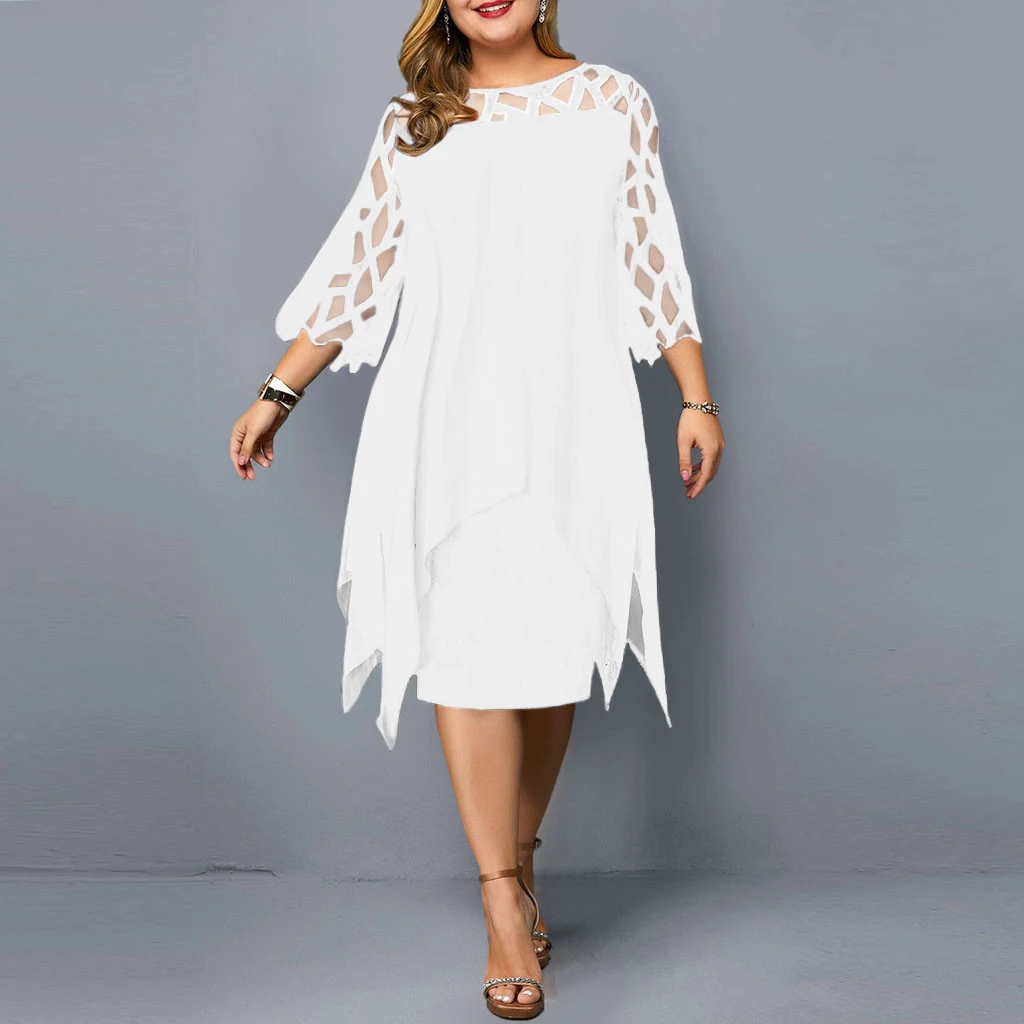 Plus Size Dresses Woman Summer 2021 New Elegant Mesh Sleeve White Women's Dress Large Size Casual Party Dresses 4XL 5XL 6XL