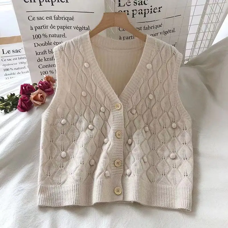 

Woman Knitted Sweater Vest Female Soft Simple Basic Daily V-neck Solid Street-wear Vintage Waistcoat Ladies All-match Tops Q266