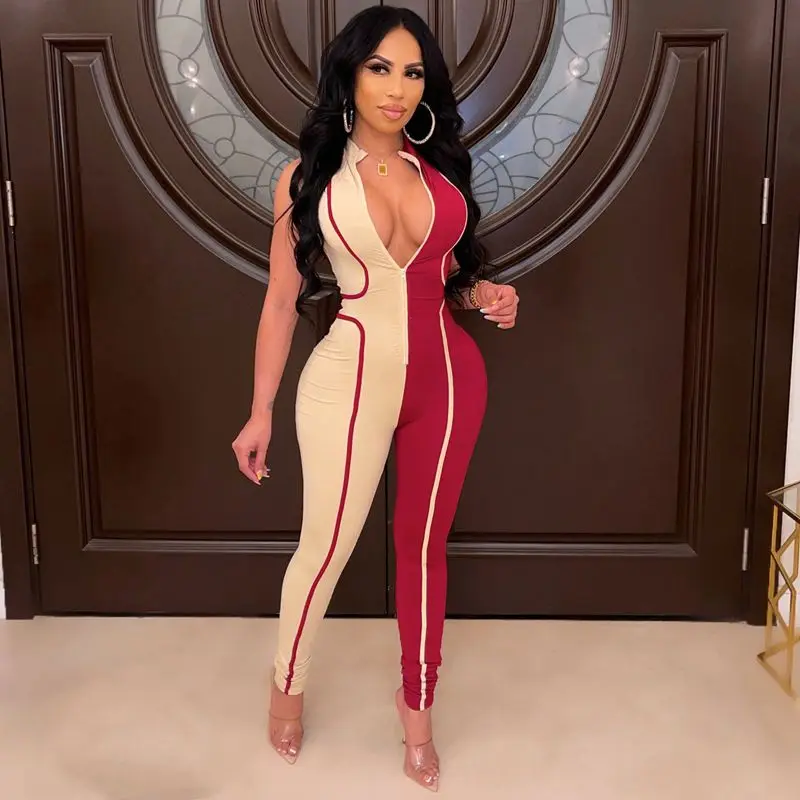 

Fashion Fall Clothes Splicing Jumpsuit Women Sexy Bodysuit One Piece Club Outfits Fitness Overalls Streetwear Wholesale Items