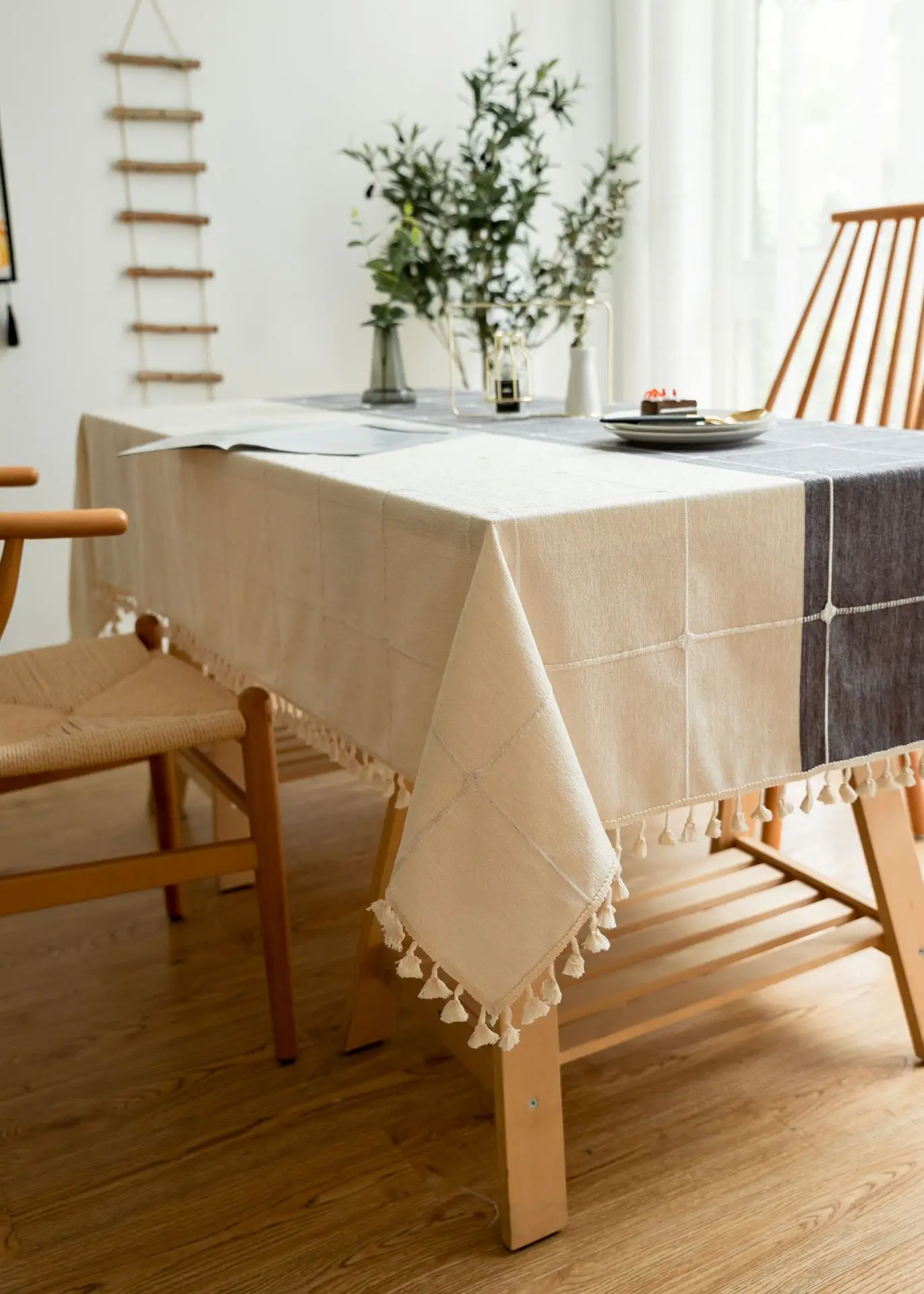 Plaid Two Tone Decorative Linen Tablecloth With Tassel Waterproof Oilproof Rectangular Wedding Dining Table Cover Table Cloth