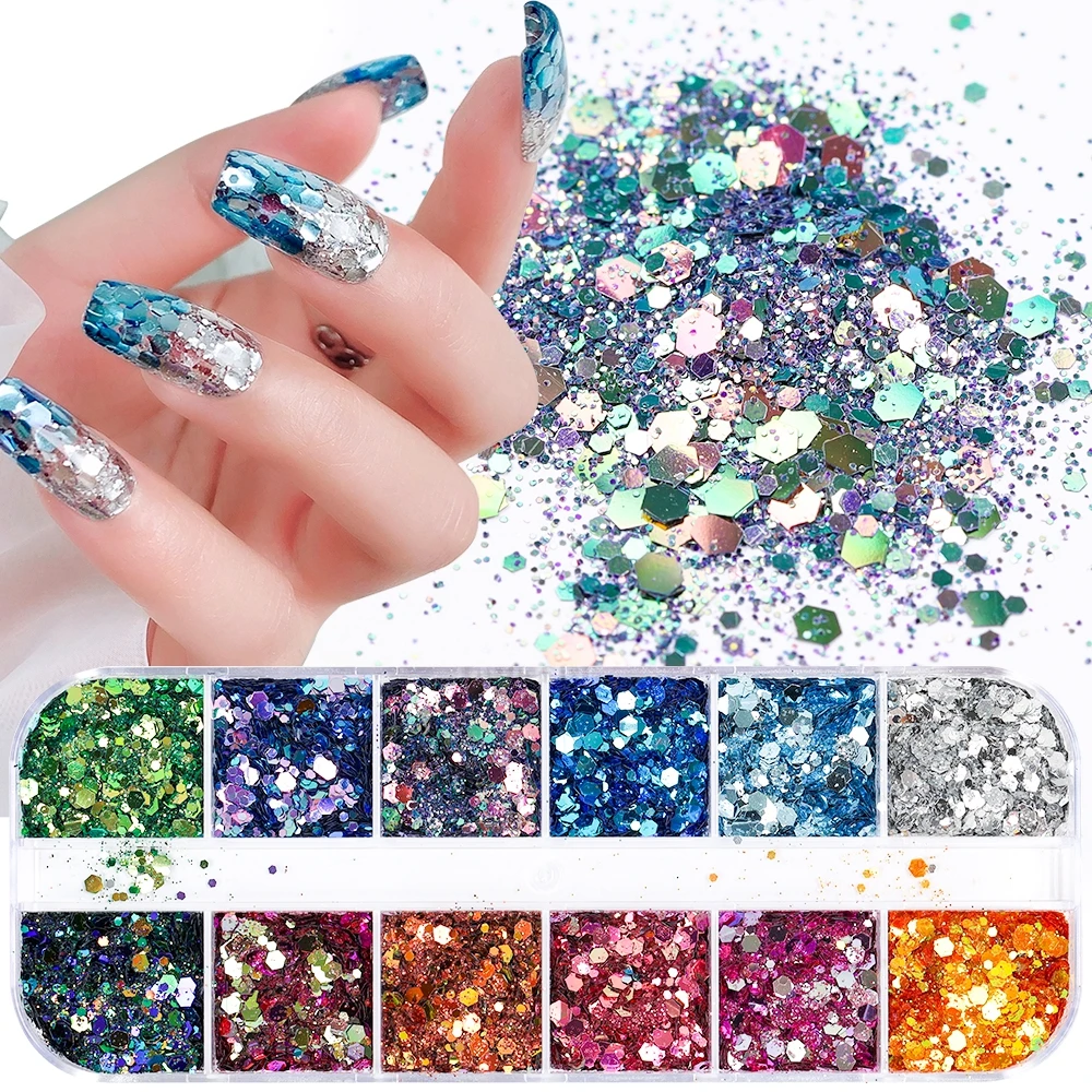 

12 Grids/Box Glitter Holographic Laser Chameleon Hexagon Sequins Powder Nail Art Slice Decoration Manicure DIY Set