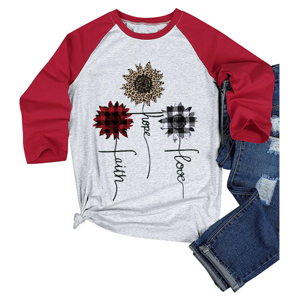 

Spring Flower Print T shirts Tide New for Women Round Neck Tee Casual Fashion Female Tops Lady Three Quarter Sleeve Plus Size
