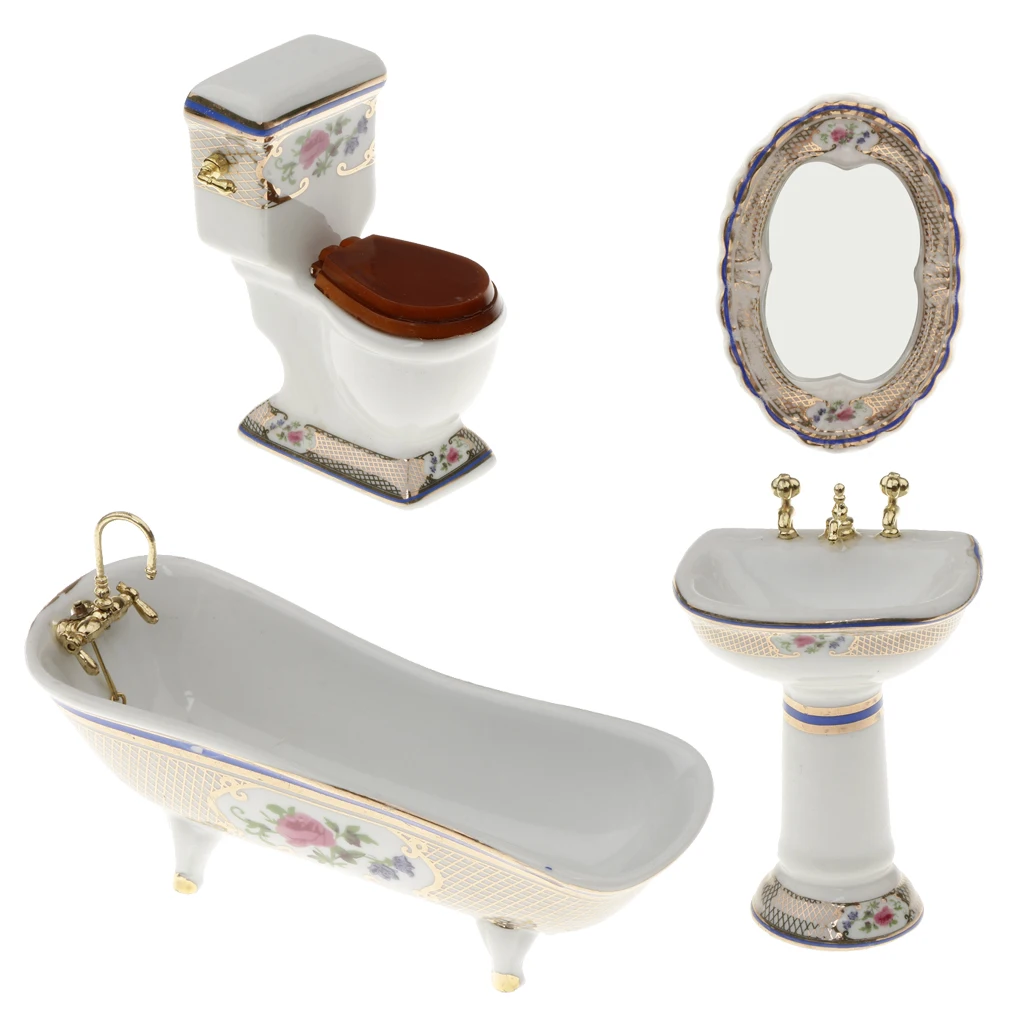 4 Pieces 1:12 Miniature Dollhouse Bathroom Supplies Set Bathtub Toilet Sink Mirror Accs #3 | Игрушки и хобби