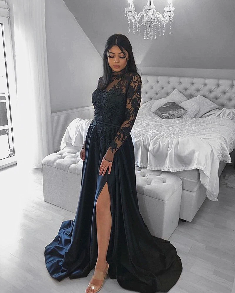 

Long Sleeves High Neck Illusion Black Applique Evening Dress Sequin A-line Satin Sweep Train Prom Dress