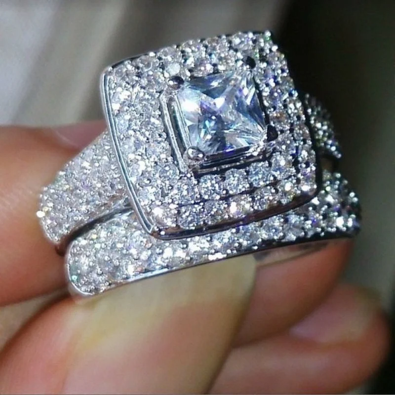 

2 Pcs Luxury Full Bling Iced Out Square Cubic Zircon Rhinestone Ring Set for Women Party Wedding Engagement Jewelry